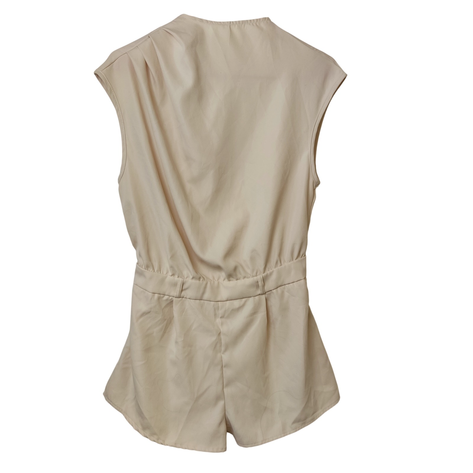 Shein Romper Women Size 6 Beige Mod Pleated High Neck Sleeveless One Piece Jump